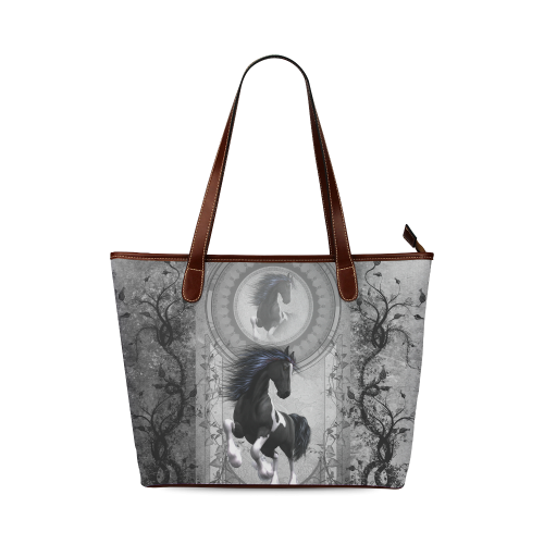 Awesome horse in black and white with flowers Shoulder Tote Bag (Model 1646)