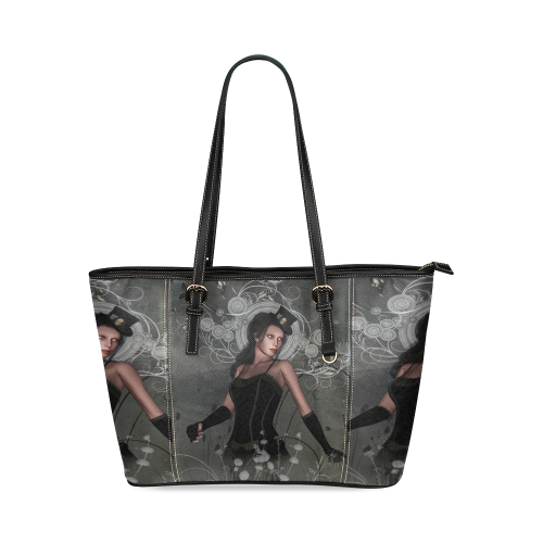 The dark lady with flowers, victorian Leather Tote Bag/Small (Model 1640)