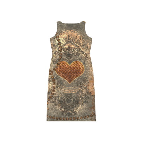 Steampuink, rusty heart with clocks and gears Phaedra Sleeveless Open Fork Long Dress (Model D08)