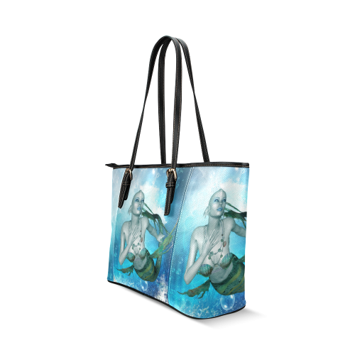 Wonderful mermaid in blue colors Leather Tote Bag/Large (Model 1640)