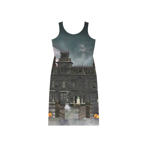 A creepy darkness halloween haunted house Phaedra Sleeveless Open Fork Long Dress (Model D08)