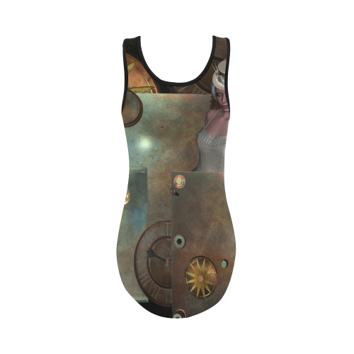 Steampunk, rusty metal and clocks and gears Vest One Piece Swimsuit (Model S04)