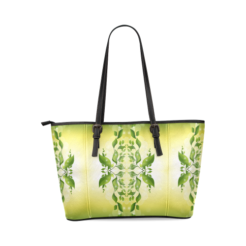 MAGIC LEAVES Kaleidoscope green yellow Leather Tote Bag/Large (Model 1640)