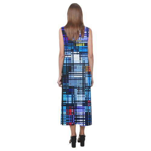 Mostly Blue Modern Abstract Phaedra Sleeveless Open Fork Long Dress (Model D08)