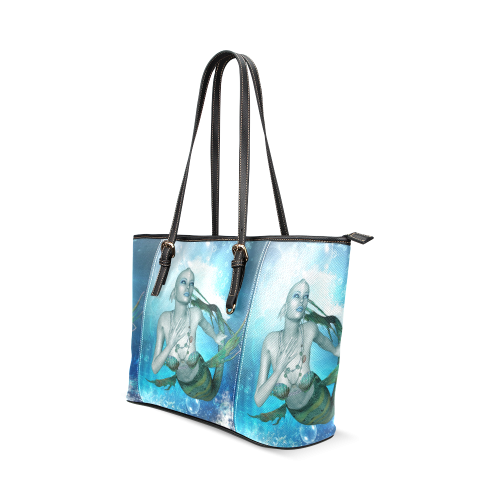 Wonderful mermaid in blue colors Leather Tote Bag/Large (Model 1640)