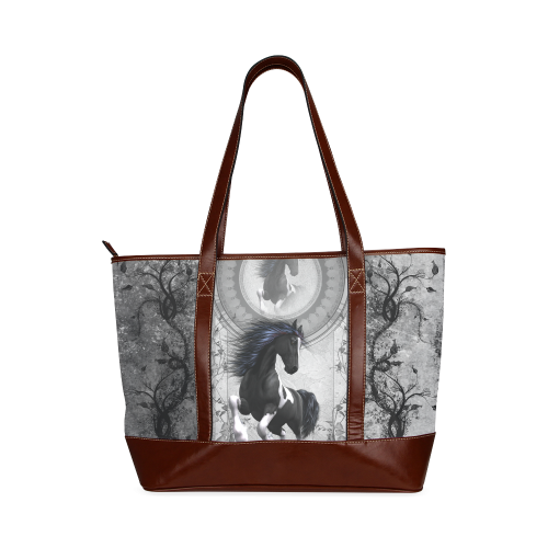 Awesome horse in black and white with flowers Tote Handbag (Model 1642)