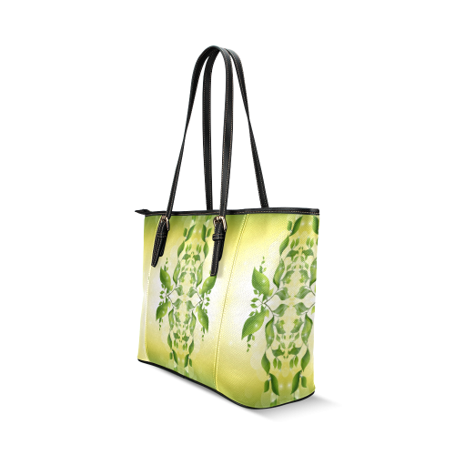 MAGIC LEAVES Kaleidoscope green yellow Leather Tote Bag/Large (Model 1640)