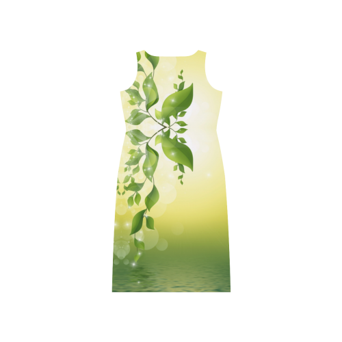 MAGIC LEAVES Kaleidoscope green yellow Phaedra Sleeveless Open Fork Long Dress (Model D08)