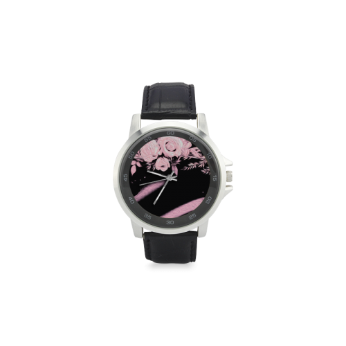 Pink Roses Unisex Stainless Steel Leather Strap Watch(Model 202)