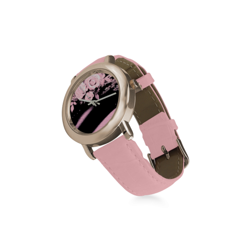 Pink Roses Women's Rose Gold Leather Strap Watch(Model 201)