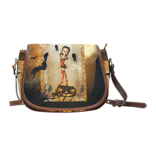 Halloween, cute girl with spiders and pumpkin Saddle Bag/Large (Model 1649)