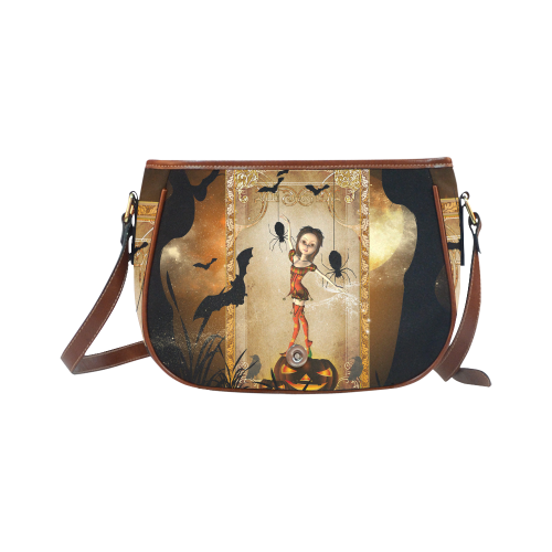 Halloween, cute girl with spiders and pumpkin Saddle Bag/Large (Model 1649)