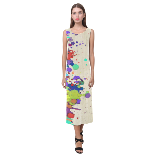 CRAZY multicolored SPLASHES / SPLATTER / SPRINKLE Phaedra Sleeveless Open Fork Long Dress (Model D08)