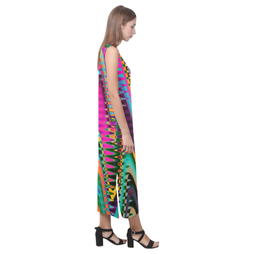 WAVES DISTORTION chevrons multicolored Phaedra Sleeveless Open Fork Long Dress (Model D08)