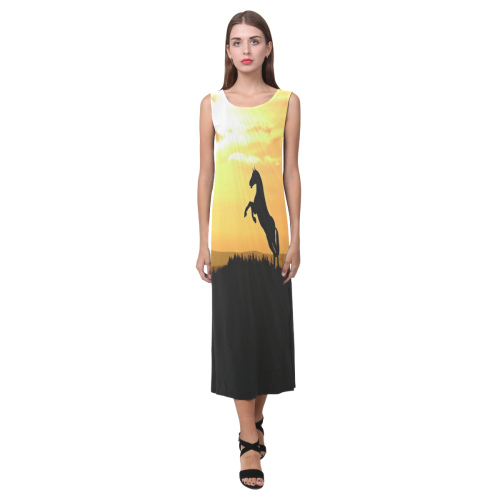 Sunset Horse Silhouette Phaedra Sleeveless Open Fork Long Dress (Model D08)