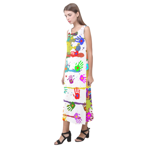 Crazy multicolored running SPLASHES + Hands Phaedra Sleeveless Open Fork Long Dress (Model D08)