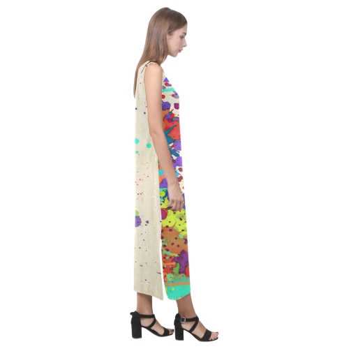 CRAZY multicolored SPLASHES / SPLATTER / SPRINKLE Phaedra Sleeveless Open Fork Long Dress (Model D08)