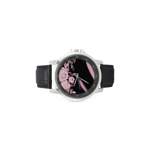 Pink Roses Unisex Stainless Steel Leather Strap Watch(Model 202)