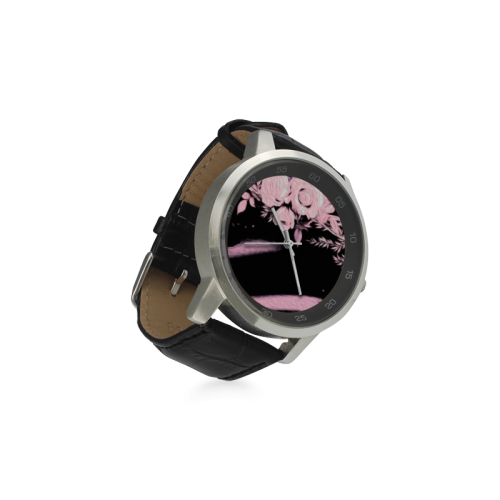 Pink Roses Unisex Stainless Steel Leather Strap Watch(Model 202)