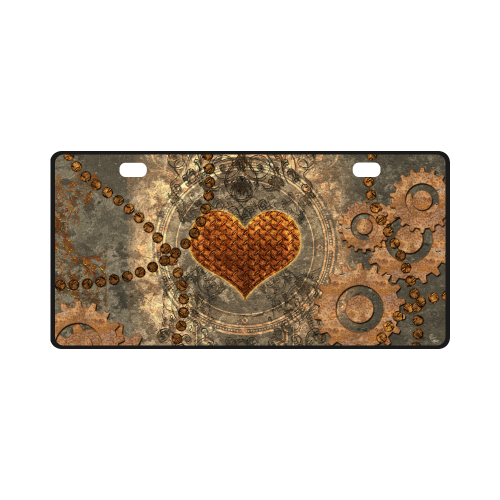 Steampuink, rusty heart with clocks and gears License Plate