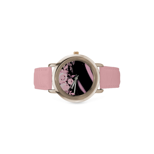 Pink Roses Women's Rose Gold Leather Strap Watch(Model 201)