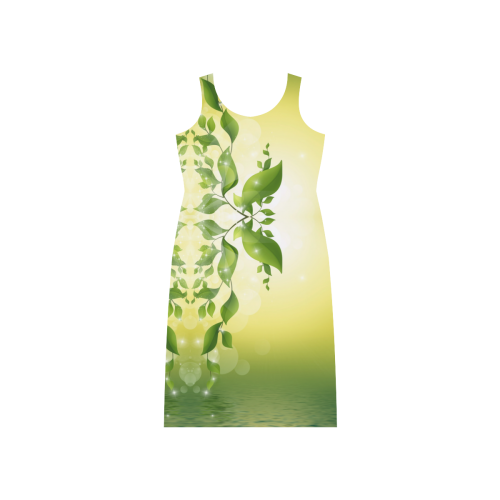 MAGIC LEAVES Kaleidoscope green yellow Phaedra Sleeveless Open Fork Long Dress (Model D08)