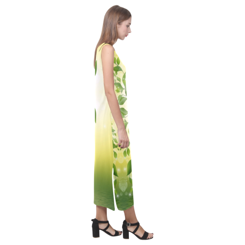 MAGIC LEAVES Kaleidoscope green yellow Phaedra Sleeveless Open Fork Long Dress (Model D08)