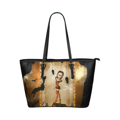 Halloween, cute girl with spiders and pumpkin Leather Tote Bag/Large (Model 1651)