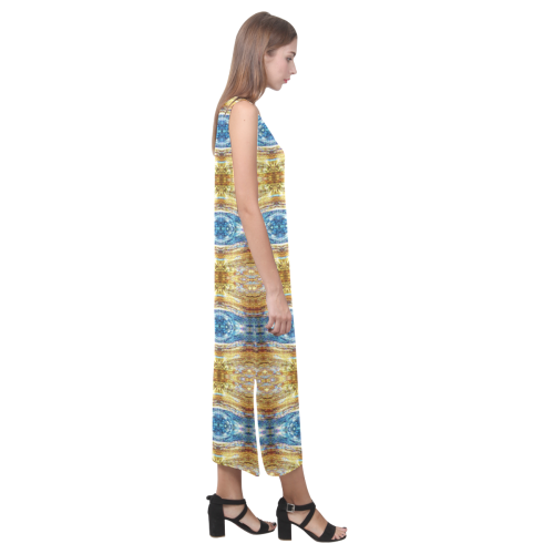 Gold and Blue Elegant Pattern Phaedra Sleeveless Open Fork Long Dress (Model D08)