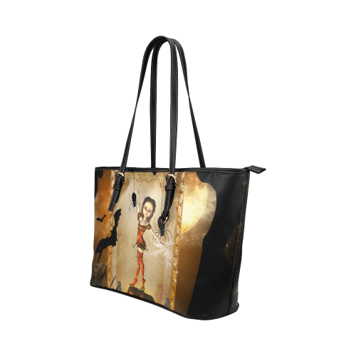Halloween, cute girl with spiders and pumpkin Leather Tote Bag/Large (Model 1651)