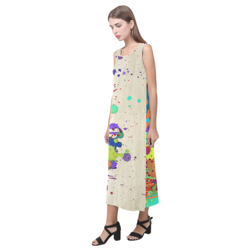 CRAZY multicolored SPLASHES / SPLATTER / SPRINKLE Phaedra Sleeveless Open Fork Long Dress (Model D08)