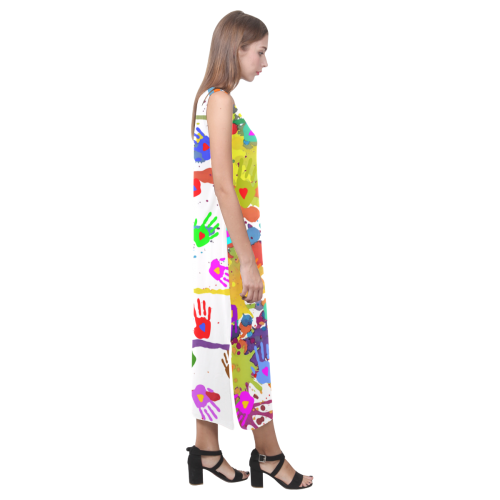 Crazy multicolored running SPLASHES + Hands Phaedra Sleeveless Open Fork Long Dress (Model D08)