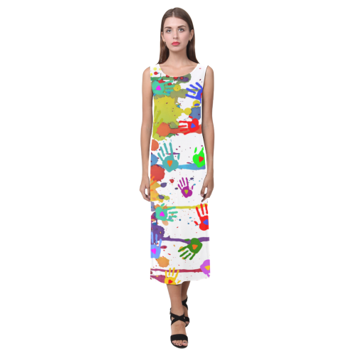 Crazy multicolored running SPLASHES + Hands Phaedra Sleeveless Open Fork Long Dress (Model D08)