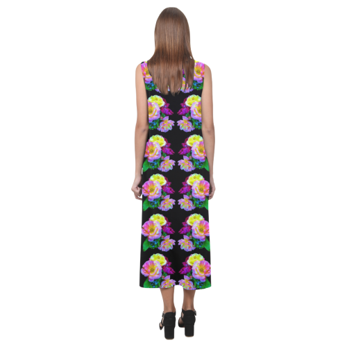 Rosa Yellow Roses on Black Pattern Phaedra Sleeveless Open Fork Long Dress (Model D08)