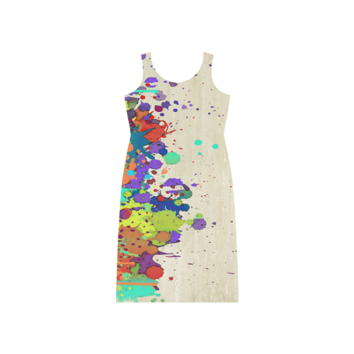 CRAZY multicolored SPLASHES / SPLATTER / SPRINKLE Phaedra Sleeveless Open Fork Long Dress (Model D08)