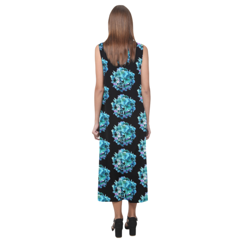 Green Blue Hydrangea Pattern Phaedra Sleeveless Open Fork Long Dress (Model D08)