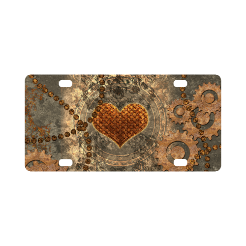 Steampuink, rusty heart with clocks and gears Classic License Plate