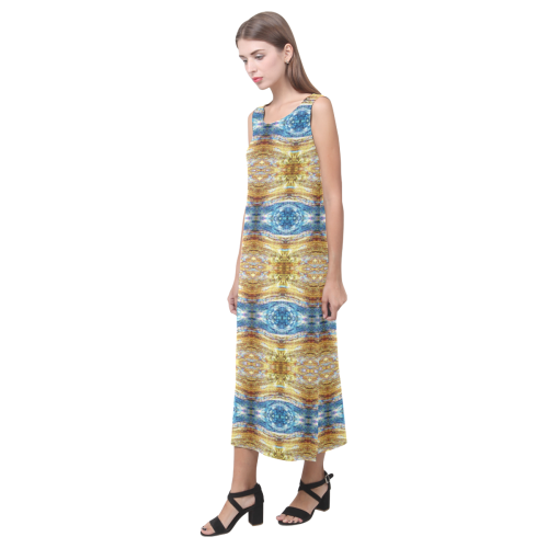 Gold and Blue Elegant Pattern Phaedra Sleeveless Open Fork Long Dress (Model D08)