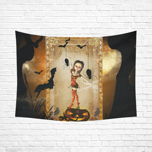 Halloween, cute girl with spiders and pumpkin Cotton Linen Wall Tapestry 80"x 60"