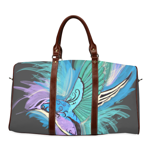 Handpainted Hummingbird Watercolor on Black Waterproof Travel Bag/Large (Model 1639)