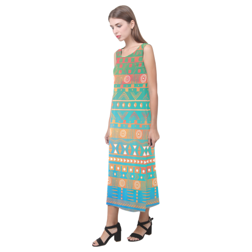Inspired Aztec Pattern-2 Phaedra Sleeveless Open Fork Long Dress (Model D08)