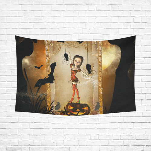 Halloween, cute girl with spiders and pumpkin Cotton Linen Wall Tapestry 90"x 60"