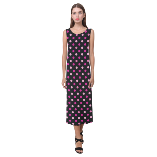 Black With Pink Dots Pattern Phaedra Sleeveless Open Fork Long Dress (Model D08)