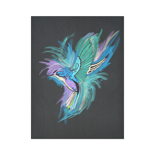 Handpainted Hummingbird Watercolor on Black Cotton Linen Wall Tapestry 60"x 80"