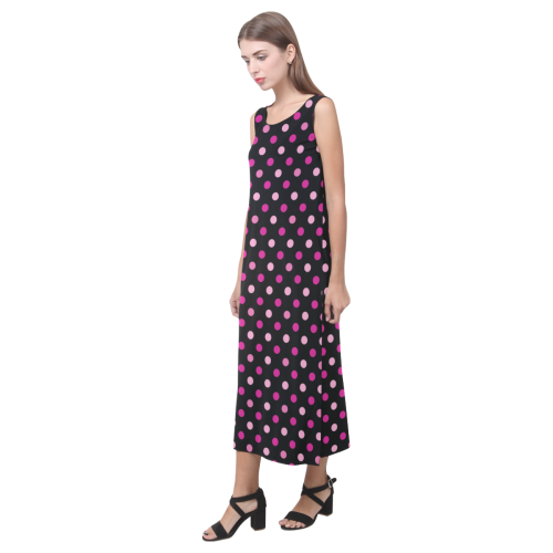 Black With Pink Dots Pattern Phaedra Sleeveless Open Fork Long Dress (Model D08)