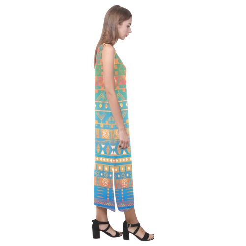 Inspired Aztec Pattern-2 Phaedra Sleeveless Open Fork Long Dress (Model D08)