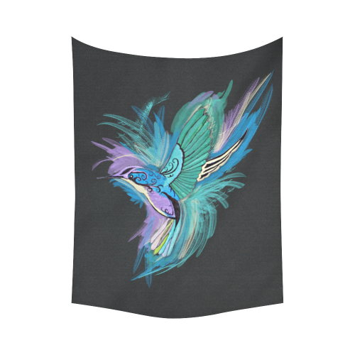 Handpainted Hummingbird Watercolor on Black Cotton Linen Wall Tapestry 60"x 80"