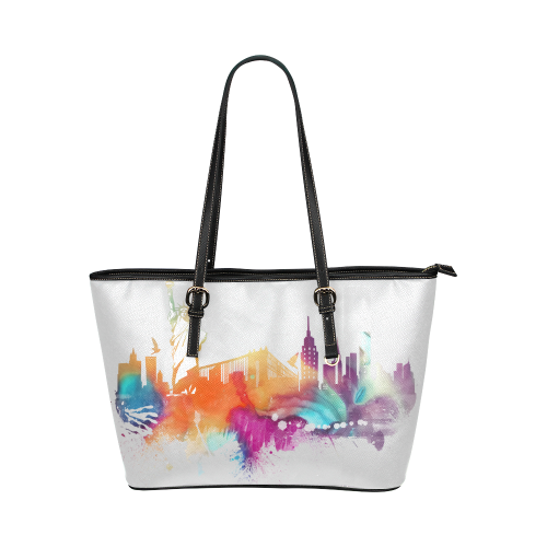 New York City skyline 8 Leather Tote Bag/Large (Model 1651)