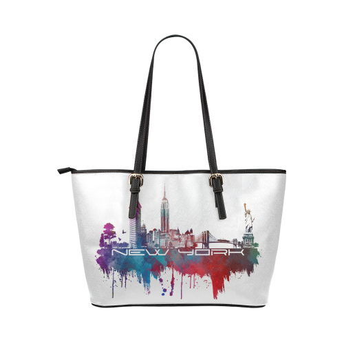 New York City skyline 2 Leather Tote Bag/Large (Model 1651)