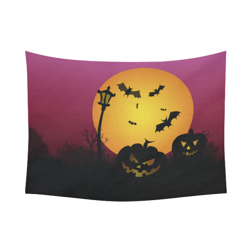 Spooky Halloween pumpkins and bats in pink Cotton Linen Wall Tapestry 80"x 60"